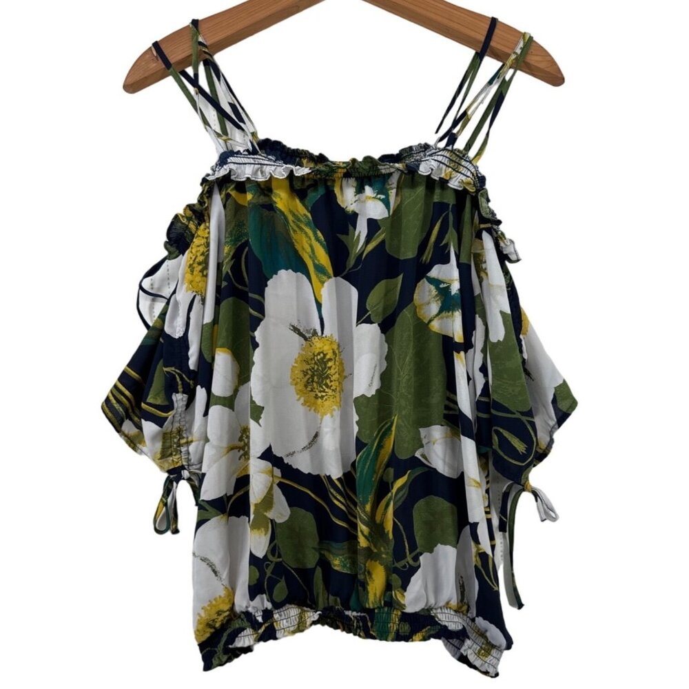 7th Avenue Women Blouse Sz L Navy Floral Off-Shoulder Flirty Tropical ResortWear